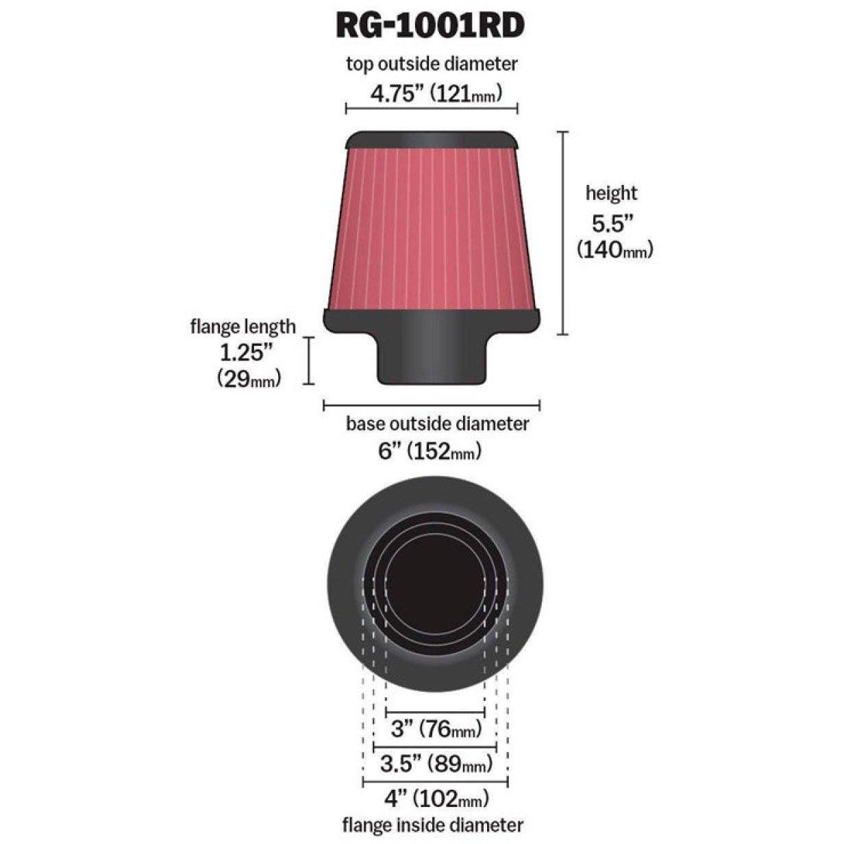 K&N Universal Air Filter Chrome Round Tapered Red - 4in Flange ID x 1.125in Flange Length x 5.5in H - SMINKpower.eu